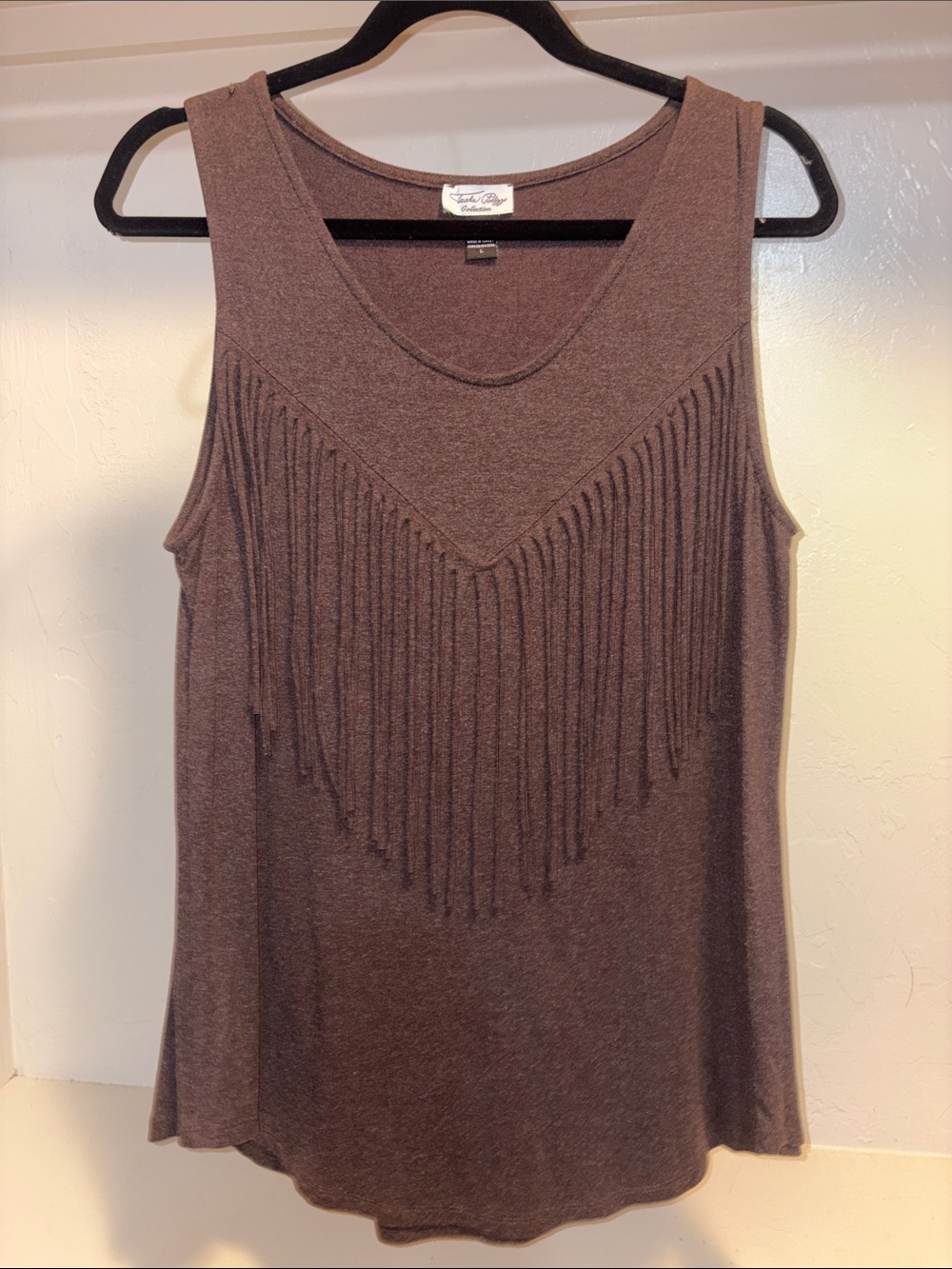 Tasha Polizzi Chocolate Brown Fringe Scoop Tank